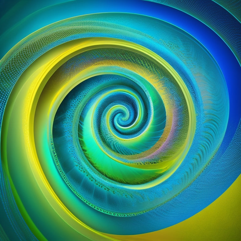 A vibrant, spiral-shaped musical waveform radiates from a central CD, surrounded by swirling patterns of sound waves, rhythmic lines, and dynamic shapes in shades of blue, green, and yellow.