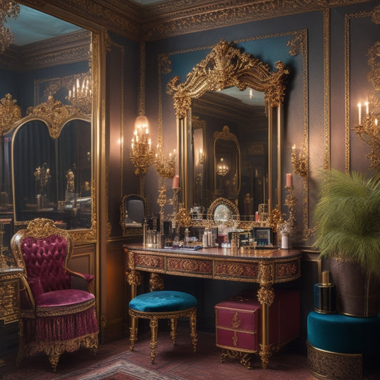 A beautifully lit, ornate dressing room with a vanity cluttered with makeup brushes, palettes, and products, surrounded by before-and-after portraits of dramatic transformations, with a leather-bound book open on a velvet pedestal.