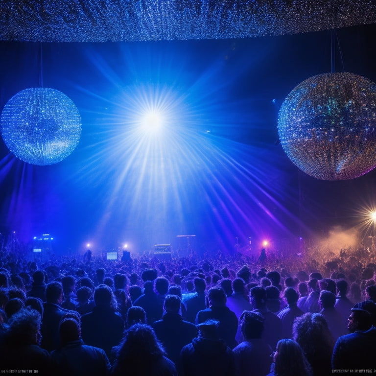 A vibrant, darkened stage with spotlights shining down, surrounded by a sea of expectant faces, a giant glittering disco ball spinning above, and a troupe of dancers in shimmering costumes poised to erupt into motion.