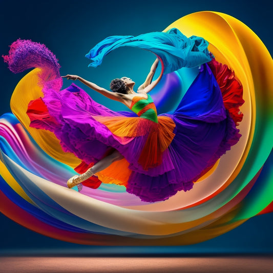 A dynamic illustration of a dancer in mid-air, surrounded by swirling dance-inspired shapes and vibrant colors, with certificates and trophies orbiting around them, conveying a sense of achievement and movement.