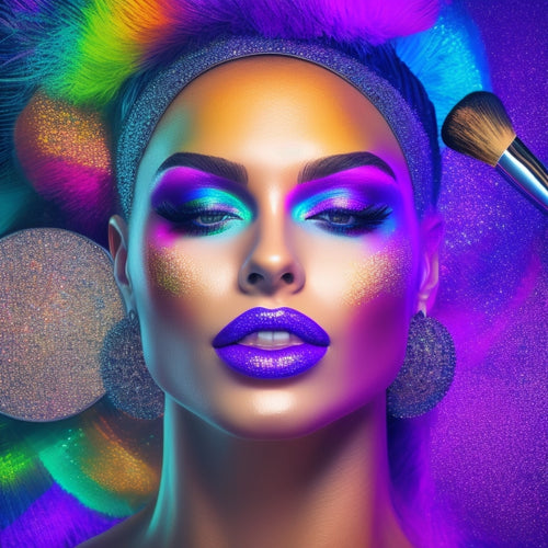 A colorful, glamorous illustration of a dancer's face with vibrant, exaggerated makeup, surrounded by various makeup brushes, palettes, and mirrors, set against a dark, sparkly background with disco balls and stage lights.