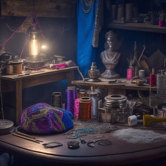 A whimsical, dimly lit workshop scene: a half-finished costume lies on a cluttered workbench, surrounded by spools of colorful thread, glittering rhinestones, and an assortment of mysterious, antique crafting tools.