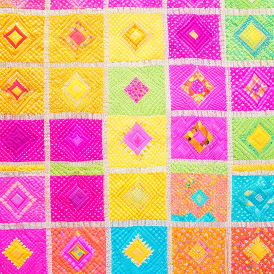 A colorful quilt featuring vibrant dancing squares in shades of fuchsia, turquoise, and sunshine yellow, arranged in a whimsical pattern against a crisp white background.