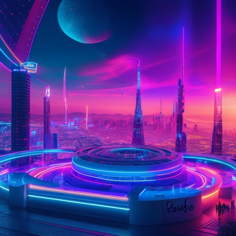 A futuristic, neon-lit cityscape at dusk with a giant, glowing EuroVision logo hovering above, surrounded by floating, swirling shapes of artistic mediums like paint, music notes, and fabric.