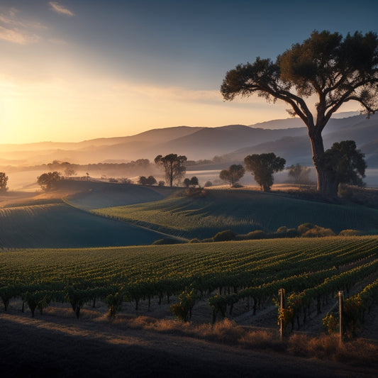 A serene landscape depicting a Napa Valley vineyard at dawn, with misty rows of grapevines, a faint sun rising behind rolling hills, and a single, twisted ancient olive tree in the foreground.