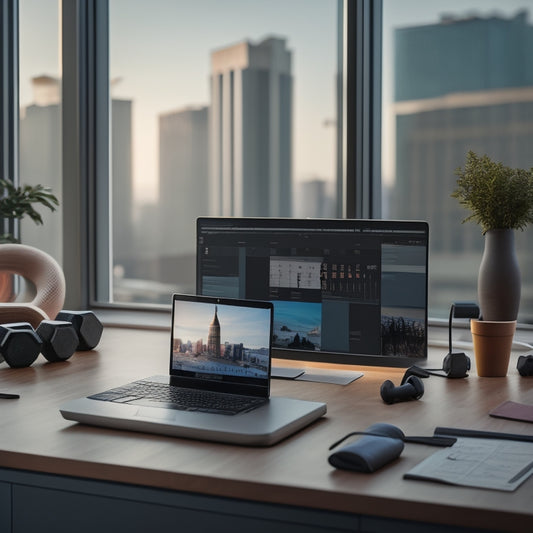 A modern, minimalist workspace with a laptop displaying a scheduling calendar, surrounded by yoga mats, dumbbells, and a ballet barre, with a cityscape blurred in the background.