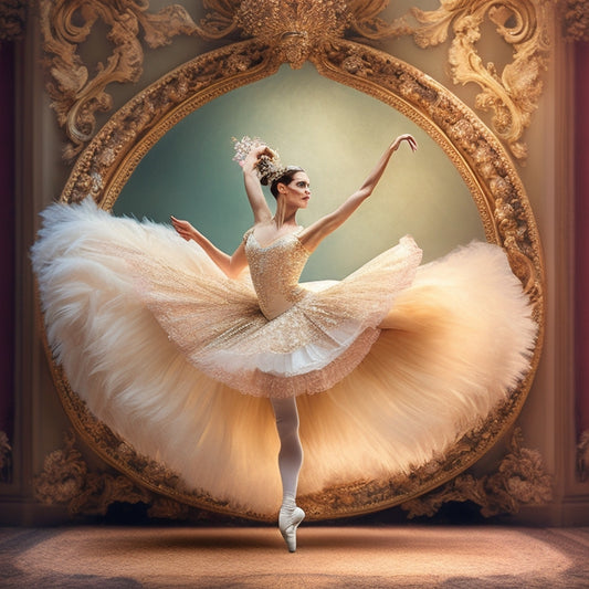 A delicate, whimsical illustration of a ballet dancer in mid-pirouette, surrounded by ornate, swirling patterns and soft, feathery brushstrokes, set against a creamy, ivory-hued background.