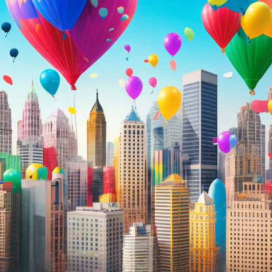 A bright, colorful illustration of a cityscape with buildings and skyscrapers made up of layered, overlapping SVG cutouts in various shapes and colors, with confetti and balloons floating above.