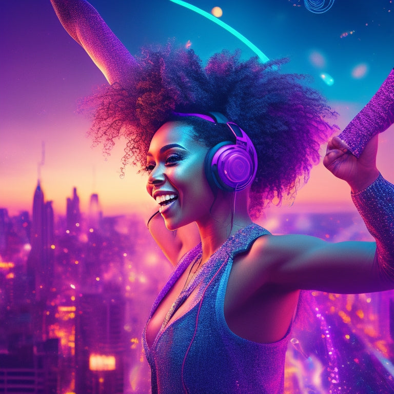 A vibrant illustration of a joyful dancer surrounded by swirling digital music notes, headphones, and laptops, set against a bright, neon-lit cityscape at dusk.