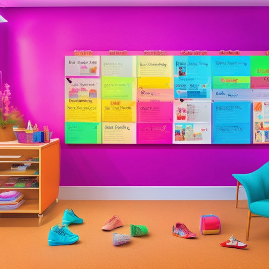 A colorful illustration of a dance studio with various schedules and calendars on the walls, overlapped with dance-related icons (ballet shoes, music notes, etc.) and subtle digital device screens in the background.