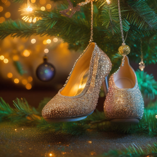 A glimmering, golden dance teacher ornament with a delicate ballet slipper and a pair of sparkling, silver dance shoes suspended above, surrounded by intricate, swirling patterns and subtle, shimmering lights.