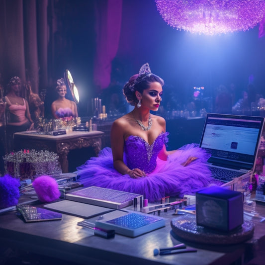 A spotlight shines on a beautifully made-up dancer in a flowing, purple tutu, surrounded by makeup brushes, palettes, and mirrors, with a laptop open to an online tutorial in the background.