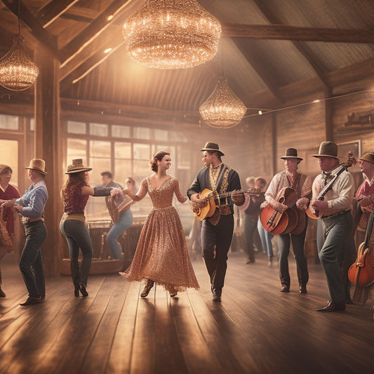 An illustration of a lively dance hall scene: wooden floor, string lights, and joyful dancers in vintage attire, surrounded by fiddles, banjos, and accordions, with a hint of rustic charm.