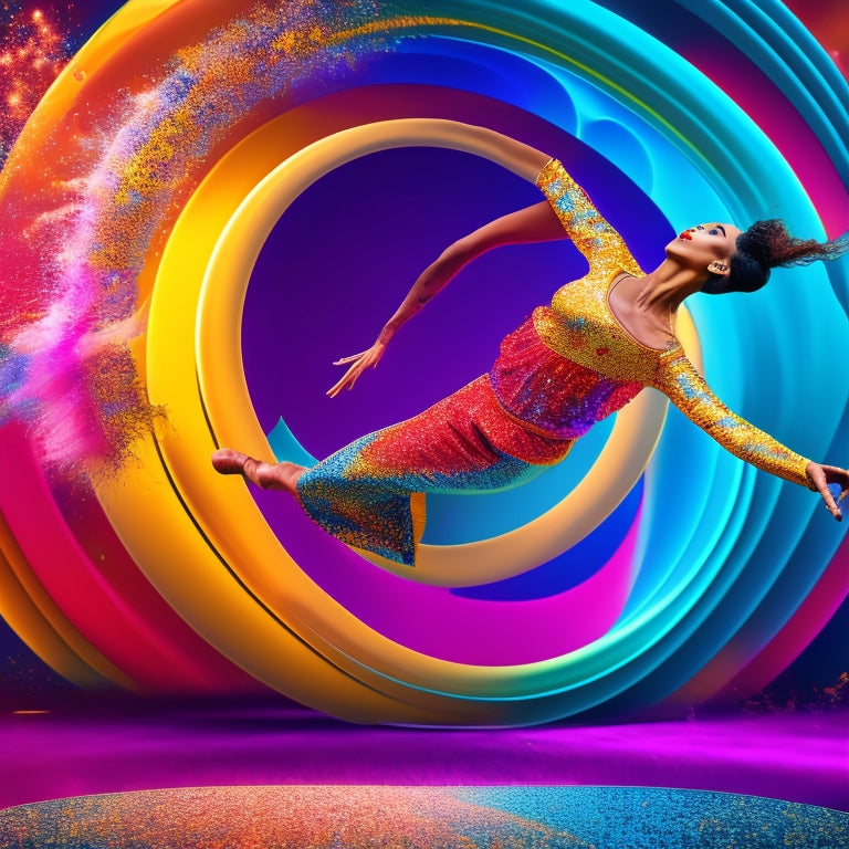 A whimsical illustration featuring a dancer in mid-leap, surrounded by swirling math symbols and shapes that morph into musical notes, amidst a background of blurred motion and vibrant colors.