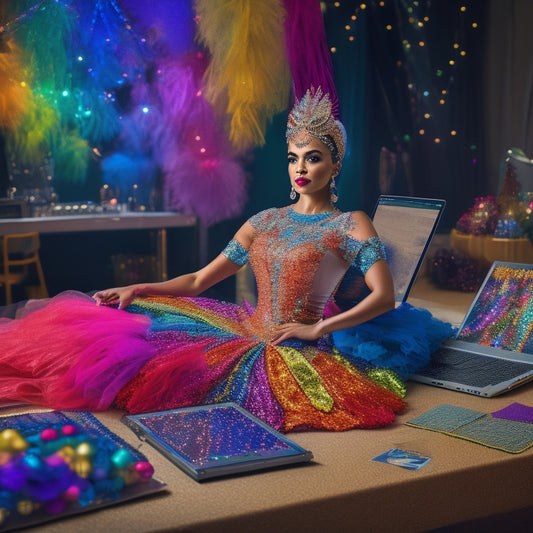 A colorful, vibrant illustration of a dancer in a sparkling costume, surrounded by scattered fabric swatches, sequins, and a laptop with a design software open, amidst a whimsical dance studio setting.