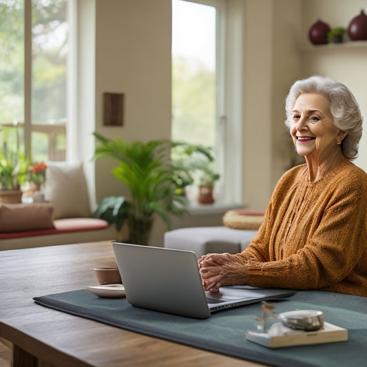 A warm and inviting scene: a senior adult, smiling, doing yoga or gentle dance movements in a cozy living room, with a laptop open in front of them, surrounded by comfortable furniture and plants.