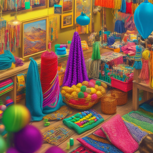 A vibrant, colorful illustration depicting a bustling art gallery, with various craft stations set up, showcasing an assortment of colorful beads, threads, and fabrics, surrounded by excited crafters.