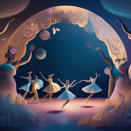 A whimsical illustration featuring a dark background with multiple dancing silhouettes in various poses, surrounded by swirling shapes and musical notes in pastel hues.