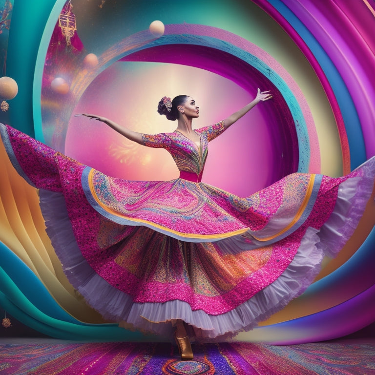 A whimsical, colorful illustration of a dancer surrounded by swirling shapes and patterns, with Photoshop tools and brushes morphing into dance props, amidst a backdrop of vibrant, gradient-colored curtains.