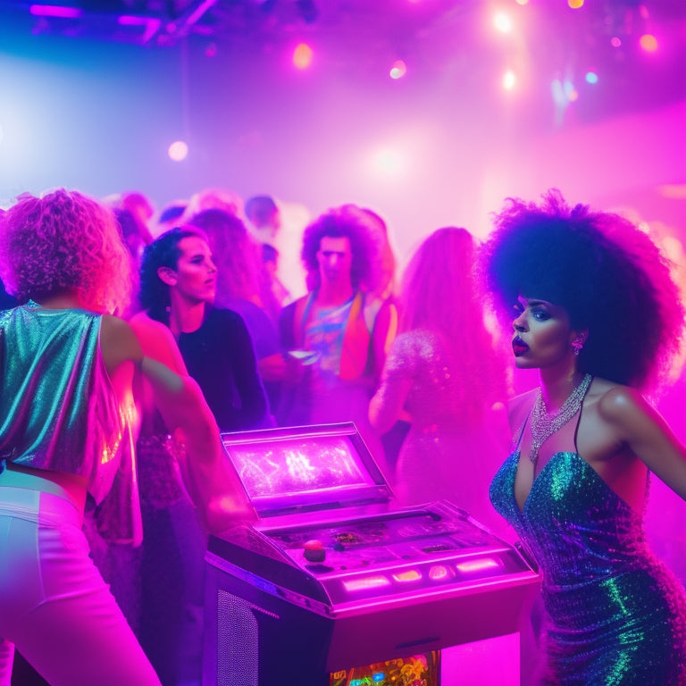 A neon-lit dance floor filled with big-haired, neon-clad partygoers dancing under a giant, glittering disco ball, surrounded by retro arcade games and cassette tapes.