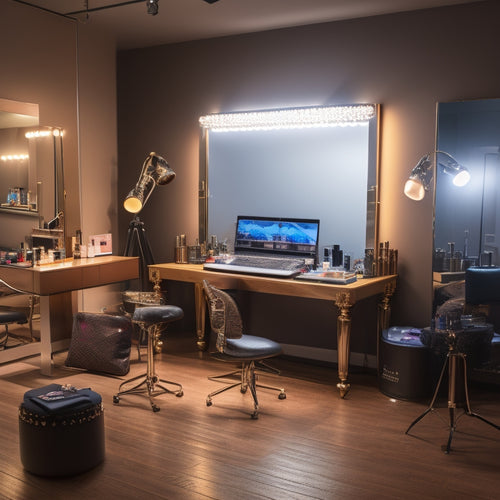 A glamorous, spotlight-lit dance studio with a laptop and smartphone on a vanity, surrounded by makeup brushes, palettes, and mirrors, reflecting a dancer's made-up face.