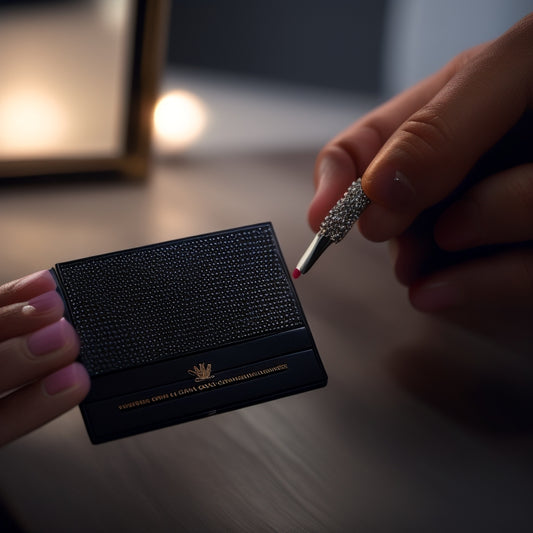 A close-up of a makeup artist's hands holding a sleek, black business card with a custom, Swarovski crystal-embellished design, surrounded by makeup brushes, lipsticks, and a mirror reflection.