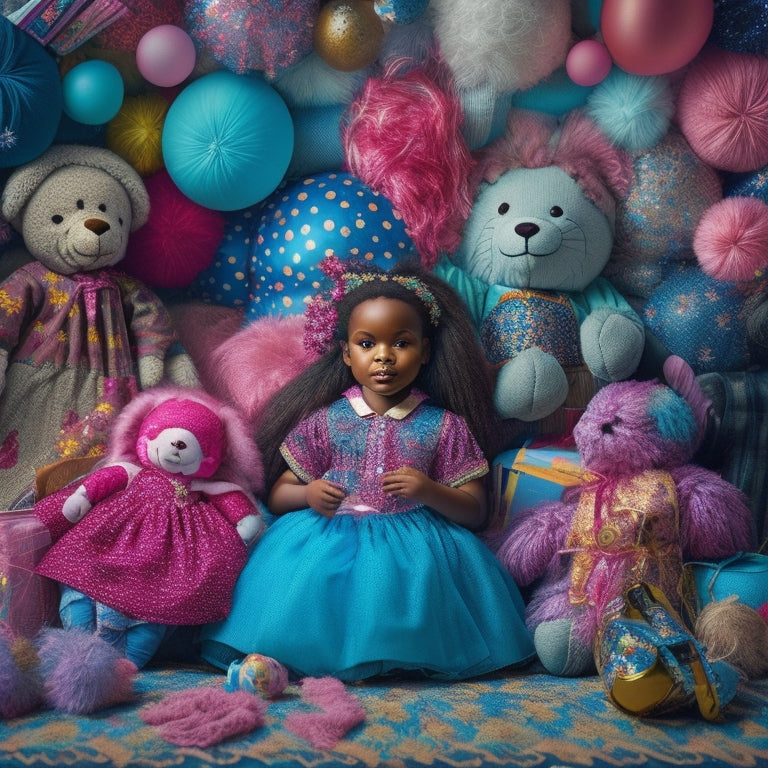 A whimsical illustration of a young girl surrounded by scattered dolls, fabrics, and craft supplies, with a giant Amina doll standing tall in the center, radiating sparkles and creative energy.