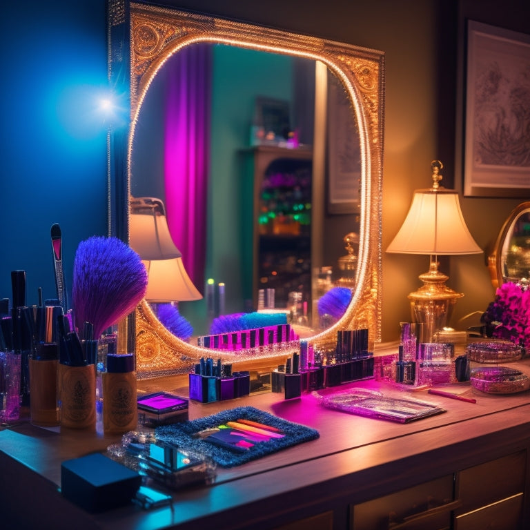 A glamorous, dimly lit makeup station with a dancer's reflection in the mirror, surrounded by digital devices, makeup brushes, and colorful products, with a subtle sparkle and shine effect.