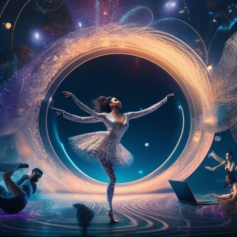 A stylized illustration featuring a dancer in the center, surrounded by swirling digital patterns and shapes, with laptops, smartphones, and tablets scattered throughout, all connected by sparkling lines.