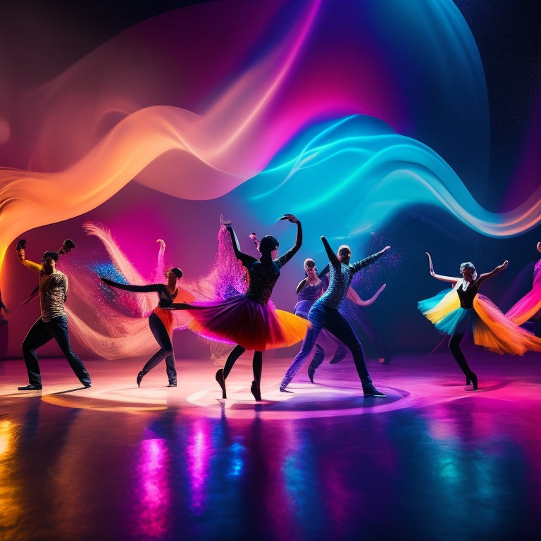A vibrant, abstract dance studio scene with swirling shapes, colorful lights, and silhouettes of dancers in various styles, including ballet, hip-hop, and contemporary, surrounded by musical notes and dance floors.
