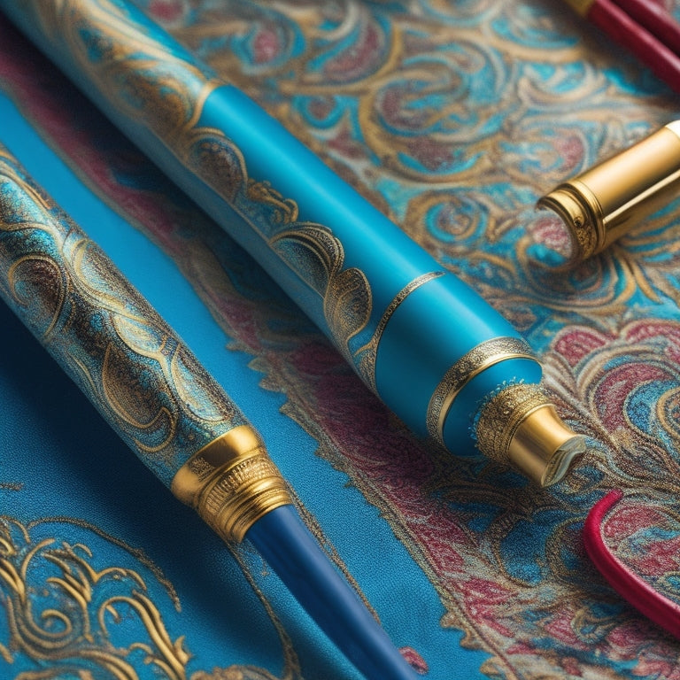 A vibrant illustration featuring a pair of elegant, swirling Arabic calligraphy pens surrounded by vibrant, swirling patterns and shapes in shades of turquoise, gold, and crimson, evoking the rich cultural heritage of the Arab world.