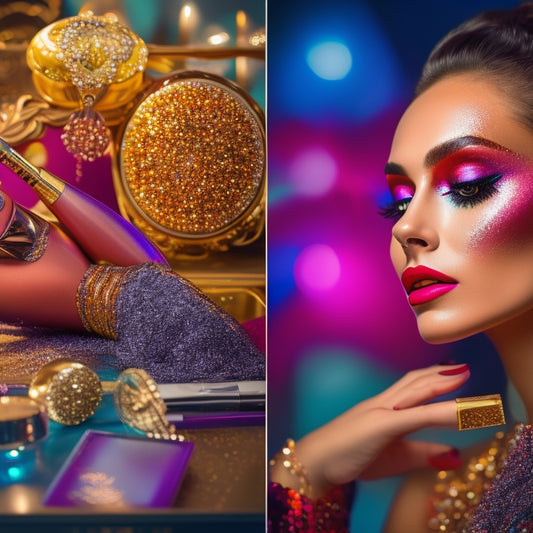 A split-screen image featuring a dancer with a bold, glittering eye shadow look on one side, and a collection of makeup brushes, palettes, and mirrors on a vanity on the other.