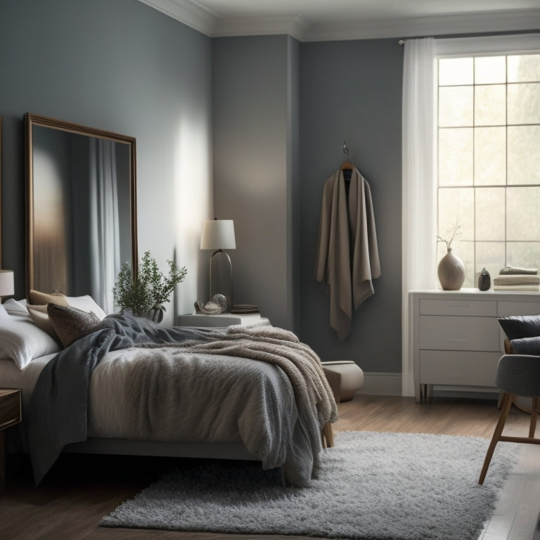 A serene bedroom scene featuring a floor-to-ceiling full-length mirror leaning against a soft, gray wall, surrounded by a plush area rug, a minimalist dresser, and a few scattered clothes.