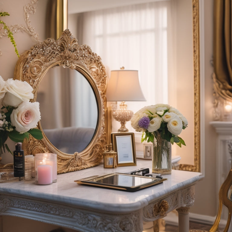 A glamorous, golden-lit bridal makeup station with a vanity, mirror, and ornate chair, surrounded by wedding flowers, with a tablet open to a digital dance makeup tutorial on the screen.