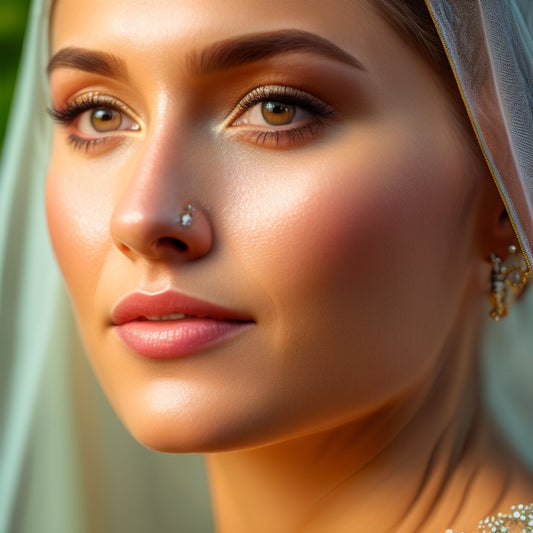 A serene, close-up shot of a beautiful bride's face, illuminated by soft, golden light, with flawless, dewy skin, luscious lashes, and a delicate, beaded wedding veil cascading down her back.
