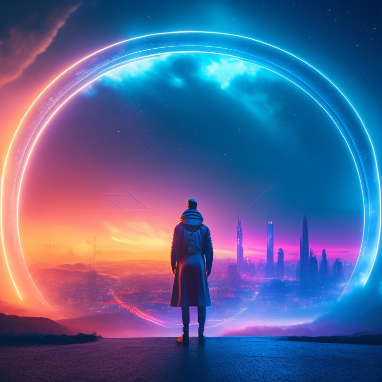 A futuristic, neon-lit cityscape at dusk, with a lone figure in the distance, surrounded by a halo of light, standing at the edge of a glowing portal, with swirling mist and stars in the background.