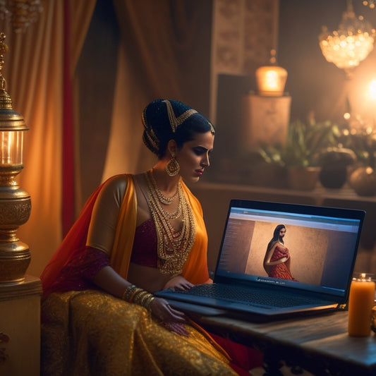 A serene, dimly lit studio with a laptop and a belly dancer in the background, wearing a flowing skirt and hip scarf, surrounded by soft, golden lighting and subtle Middle Eastern patterns.