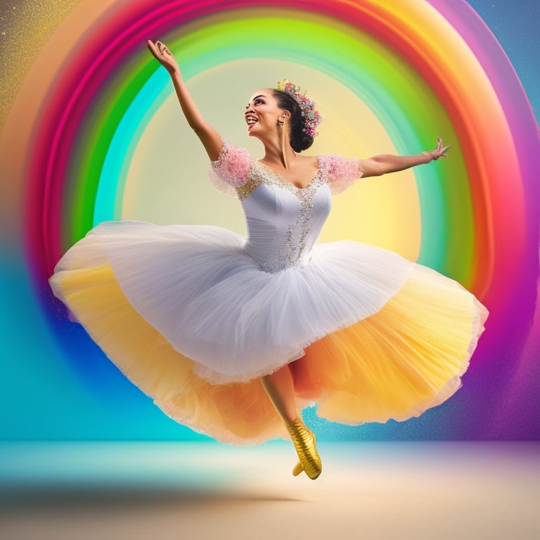 A whimsical illustration featuring a joyful dancer in mid-twirl, surrounded by swirling rainbow hues and abstract raindrop shapes, set against a soft, creamy white background.