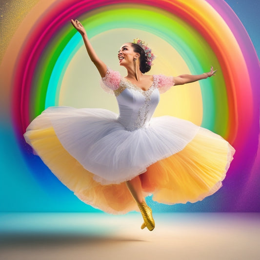 A whimsical illustration featuring a joyful dancer in mid-twirl, surrounded by swirling rainbow hues and abstract raindrop shapes, set against a soft, creamy white background.