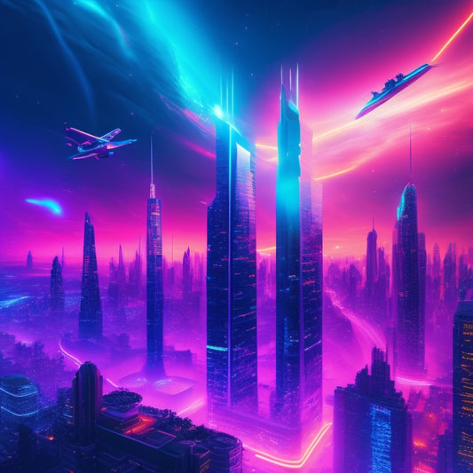 A futuristic, neon-lit cityscape with sleek skyscrapers, where giant, glowing canvases float in mid-air, showcasing vibrant, abstract digital art pieces, surrounded by orbiting brushstrokes and swirling pixels.