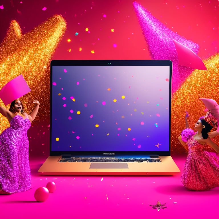 A whimsical illustration of a laptop surrounded by dancing silhouettes in various costumes, with confetti and glitter scattered around, against a bright pink background with subtle sparkles.