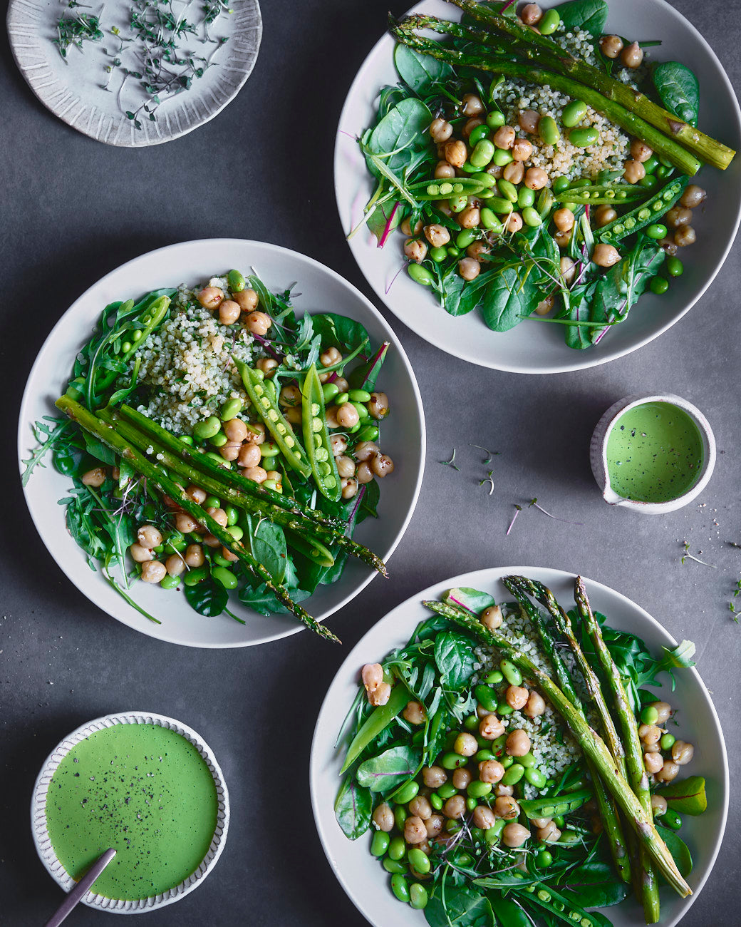 Green Spring Balance Bowl with Roasted Asparagus and Basil Dressing