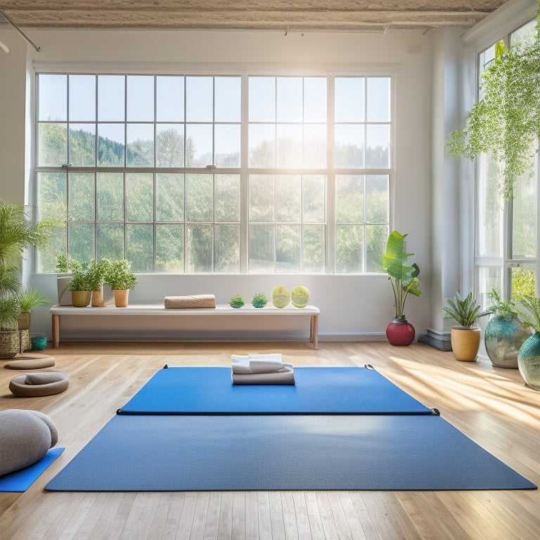 A serene yoga studio with vibrant exercise mats in various colors, soft natural light filtering through large windows, a potted plant in the corner, and an inviting atmosphere for Pilates and yoga practice.