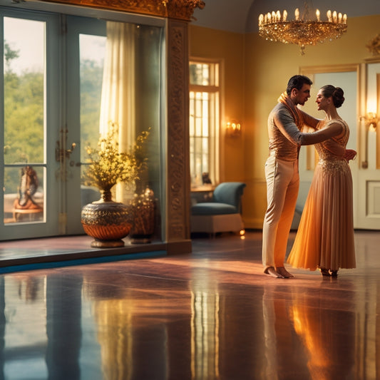 A serene, golden-lit dance studio with a mature dancer (60s) in mid-pose, surrounded by mirrors, barres, and subtle hints of nature, conveying elegance, flexibility, and gentle movement.