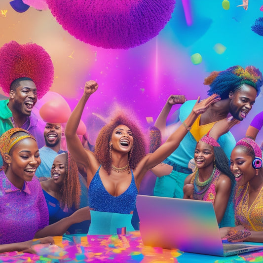 A vibrant illustration of dancers from diverse backgrounds and abilities gathered in a virtual dance studio, surrounded by laptops, smartphones, and headphones, with colorful emojis and confetti filling the air.