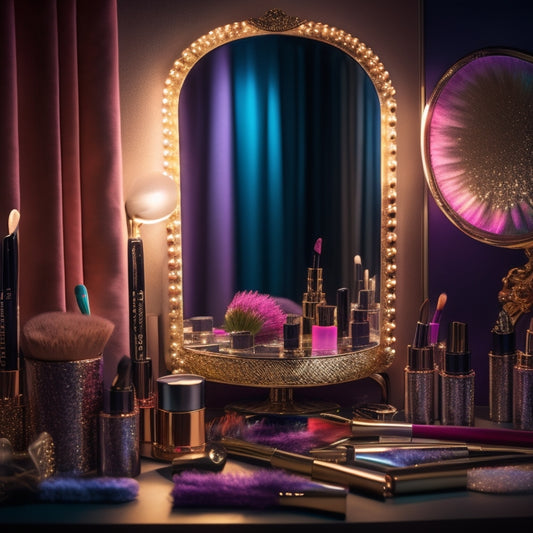 A glamorous, spot-lit makeup station with a vanity mirror, surrounded by an assortment of colorful makeup brushes, lipsticks, and eyeshadows, with a dancer's pointe shoes and a ballet-themed makeup bag in the background.