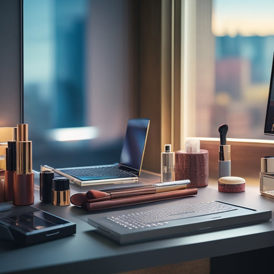 A clutter-free, modern vanity with a sleek laptop, a tablet, and a smartphone, surrounded by neatly organized makeup products and brushes, with a subtle cityscape background.