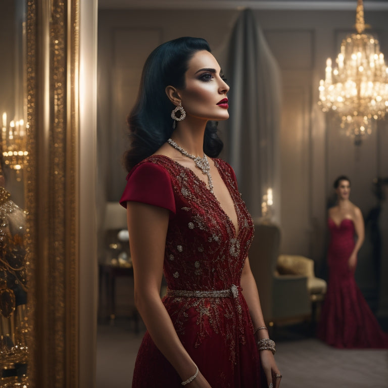 A elegant, dark-haired woman stands confidently in a lavish dressing room, surrounded by glamorous outfits, jewelry, and accessories, with a spotlight shining on a stunning red-carpet gown.