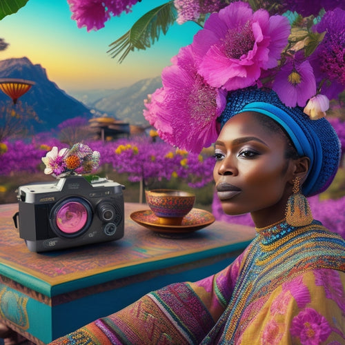 Vibrant, swirling patterns of traditional African kente cloth, Japanese cherry blossoms, and Indian henna designs merge in a dreamlike digital landscape, surrounded by virtual reality headsets and laptops.