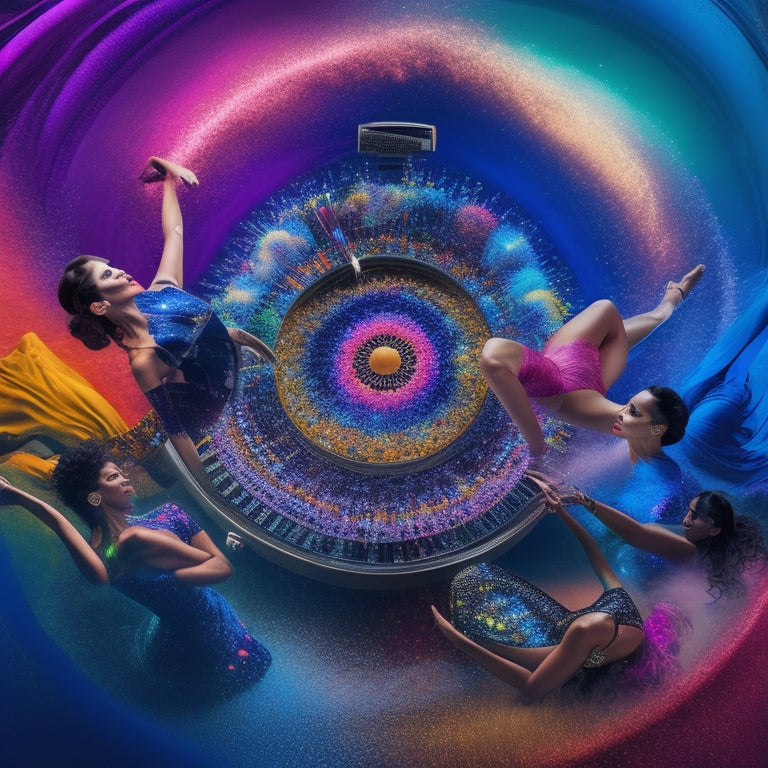 A vibrant, colorful illustration of interconnected dancers, makeup artists, and beauty enthusiasts forming a large, swirling vortex, surrounded by sparkling makeup brushes, dance shoes, and laptops.